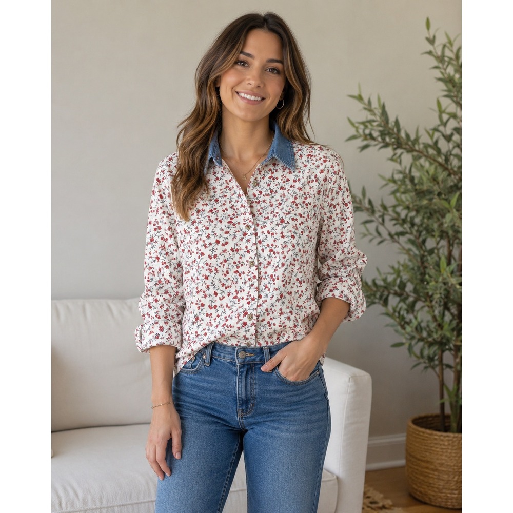Cabin Creek Floral Blouse Cream Red Denim Collar Vintage Style Cotton Large 90s